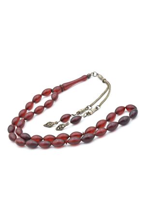 Gümüş Kaplama Püsküllü Arpa Kesim Koyu Kırmızı Sıkma Kehribar Tesbih