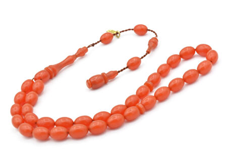 Hakkı Usta İmzalı Beyzi Kesim Bilek Boy Pembe Sıkma Kehribar Tesbih