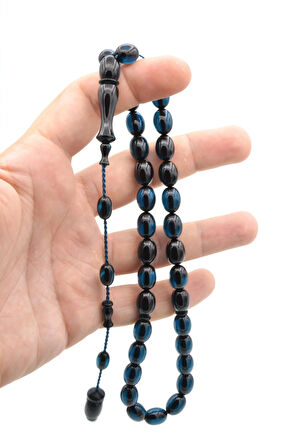 Ahmet Emin Yapımı Tombul Beyzi Kesim Lacivert Sıkma Kehribar Tesbih