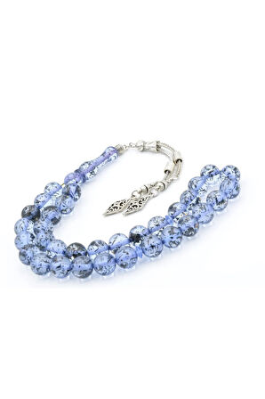 Püsküllü Küre Kesim Fosilli Şeffaf Mavi Toz Kehribar Tesbih 10 Mm