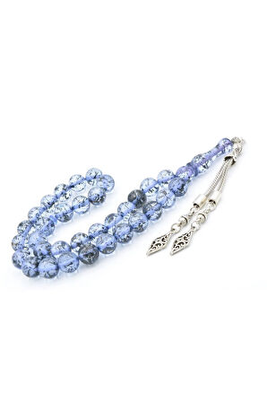 Püsküllü Küre Kesim Fosilli Şeffaf Mavi Toz Kehribar Tesbih 10 Mm