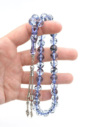 Püsküllü Küre Kesim Fosilli Şeffaf Mavi Toz Kehribar Tesbih 10 Mm