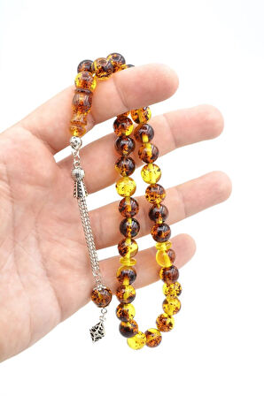 Damla Kehribar Benzeri İri Boy Küre Kesim Fosilli Toz Kehribar Tesbih