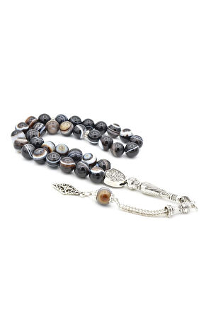 Gümüş Kaplama Kamçılı İri Boy Siyah Göz Akik Tesbih 10 Mm