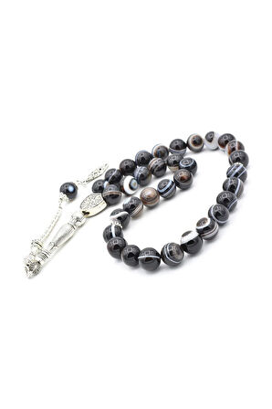 Gümüş Kaplama Kamçılı İri Boy Siyah Göz Akik Tesbih 10 Mm