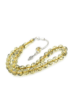 Püsküllü Küre Kesim İri Boy Fosilli Yeşil Toz Kehribar Tesbih