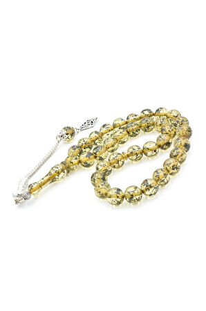 Püsküllü Küre Kesim İri Boy Fosilli Yeşil Toz Kehribar Tesbih