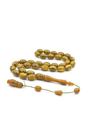 İbrahim Uysal İmzalı Beyzi İri Boy Yeşil Sarı Sıkma Kehribar Tesbih