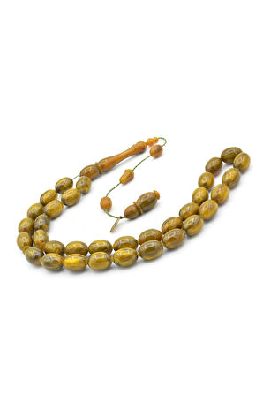 İbrahim Uysal İmzalı Beyzi İri Boy Yeşil Sarı Sıkma Kehribar Tesbih