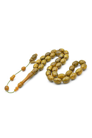 İbrahim Uysal İmzalı Beyzi İri Boy Yeşil Sarı Sıkma Kehribar Tesbih