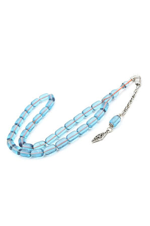 Gümüş Kaplama Kamçılı Kapsül Kesim Mavi Sıkma Kehribar Tesbih