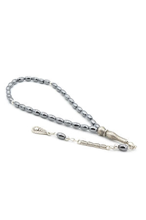 Gümüş Kaplama Malzemeli Arpa Kesim Hematit Taşı Tesbih 001