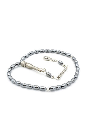 Gümüş Kaplama Malzemeli Arpa Kesim Hematit Taşı Tesbih 001