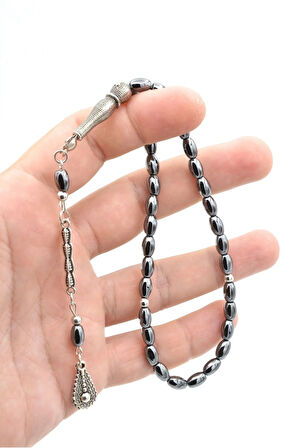 Gümüş Kaplama Malzemeli Arpa Kesim Hematit Taşı Tesbih 001