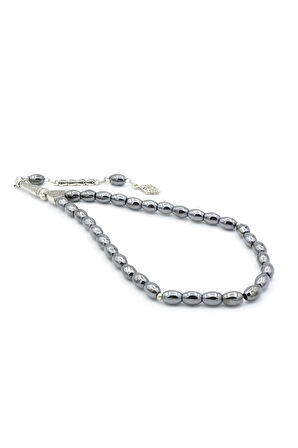 Gümüş Kaplama Malzemeli Arpa Kesim Hematit Taşı Tesbih 002