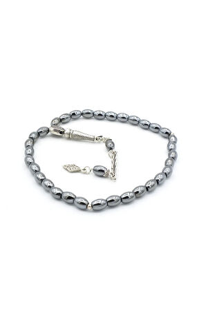 Gümüş Kaplama Malzemeli Arpa Kesim Hematit Taşı Tesbih 002