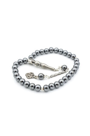 Gümüş Kaplama Malzemeli Küre Kesim Hematit Taşı Tesbih 003