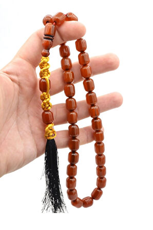 Makrome Model Fıçı Kesim Koyu Sarı Sıkma Kehribar Tesbih