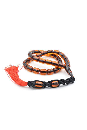 Makrome Model Fıçı Kesim Turuncu Sıkma Kehribar Tesbih