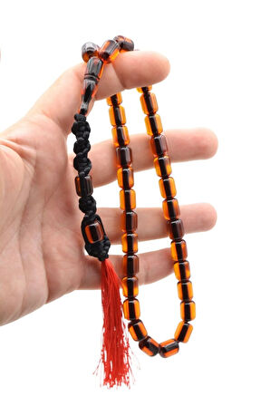 Makrome Model Fıçı Kesim Turuncu Sıkma Kehribar Tesbih