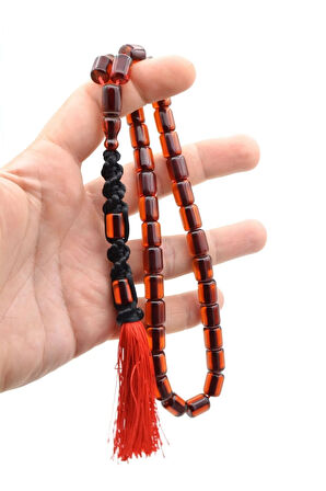 Makrome Model Fıçı Kesim Koyu Turuncu Sıkma Kehribar Tesbih