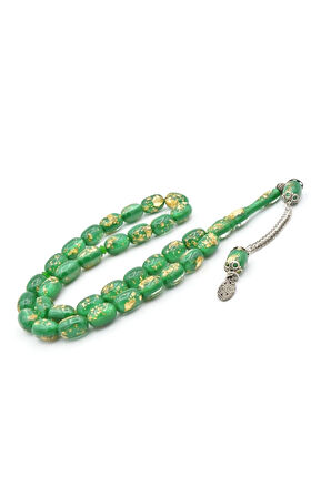 Kapsül Kesim Altın Varaklı Yeşil Uçak Camı Tesbih