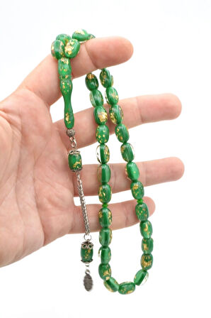 Kapsül Kesim Altın Varaklı Yeşil Uçak Camı Tesbih