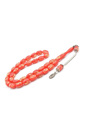 Kapsül Kesim Altın Varaklı Kırmızı Uçak Camı Tesbih