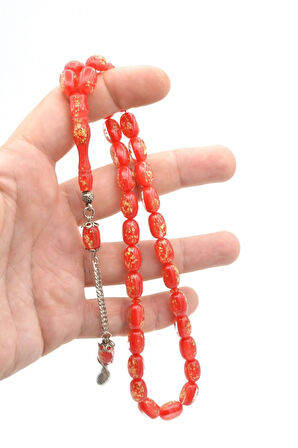 Kapsül Kesim Altın Varaklı Kırmızı Uçak Camı Tesbih