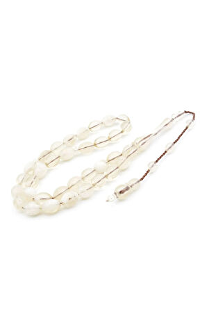 Sistemli Beyzi Kesim İri Boy Hareli Beyaz Toz Kehribar Tesbih