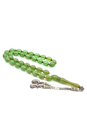 Usta İşi Beyzi Kesim İri Boy Hareli Açık Yeşil Sıkma Kehribar Tesbih