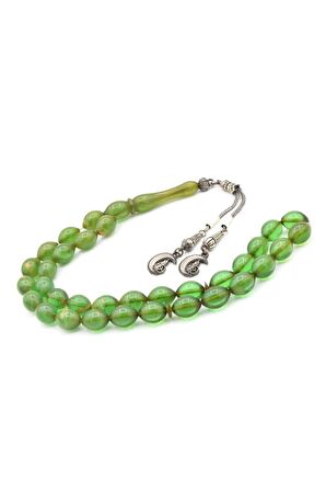 Usta İşi Beyzi Kesim İri Boy Hareli Açık Yeşil Sıkma Kehribar Tesbih