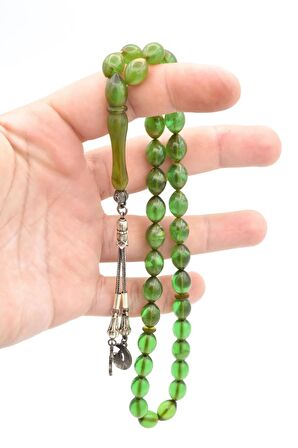 Usta İşi Beyzi Kesim İri Boy Hareli Açık Yeşil Sıkma Kehribar Tesbih