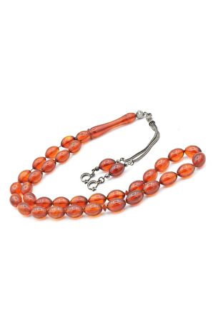 Gümüş Püsküllü Beyzi Kesim Turuncu Sıkma Kehribar Tesbih