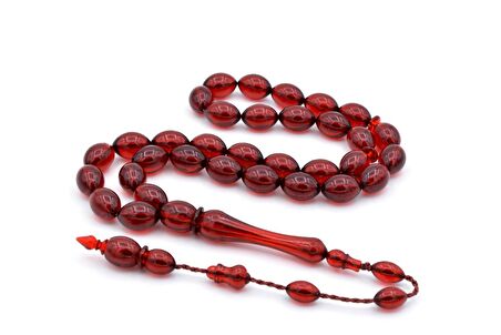 HAKİKİ USTA İŞİ ARPA KESİM KOYU KIRMIZI UÇAK CAMI TESBİH İRİ BOY