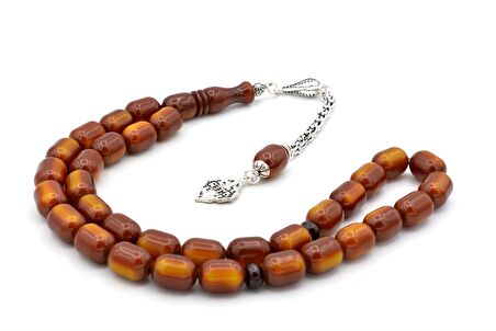 Fıçı Kesim Alacalı Kahverengi Sıkma Kehribar Tesbih 027