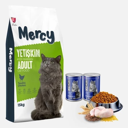 Mercy Tavuklu Yetişkin Kedi Maması 15 Kg + 2 Adet CatPlus Pate Okyanus Balıklı Yetişkin Kedi Konserve Yaş Mama 395 Gr