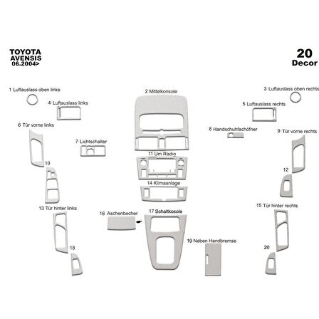 Meriç® Toyota Avensis Ön Torpido Kaplama 20 Parça 2004-2005
