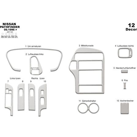Meriç® Nissan Pathfinder Ön Torpido Kaplama 12 Parça 1996-2001