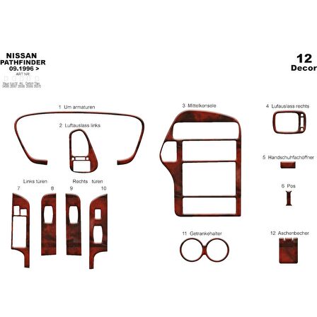 Meriç® Nissan Pathfinder Ön Torpido Kaplama 12 Parça 1996-2001