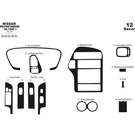 Meriç® Nissan Pathfinder Ön Torpido Kaplama 12 Parça 1996-2001
