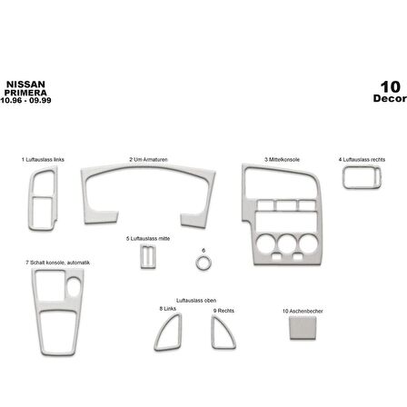 Meriç® Nissan Primera Ön Torpido Kaplama 10 Parça 1996-1999