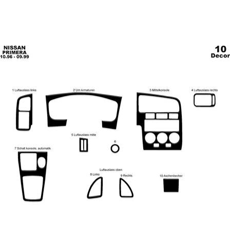 Meriç® Nissan Primera Ön Torpido Kaplama 10 Parça 1996-1999