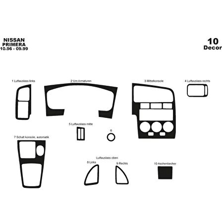 Meriç® Nissan Primera Ön Torpido Kaplama 10 Parça 1996-1999