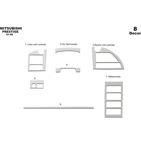 Meriç® Mitsubishi Prestige Delux Ön Torpido Kaplama 8 Parça 2008-2010
