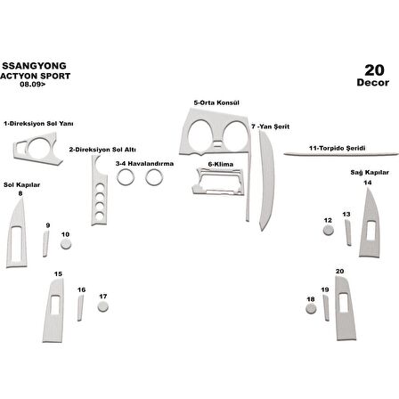 Meriç® Ssangyong Actyon Sport Ön Torpido Kaplama 20 Parça 2009-›