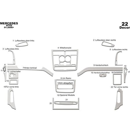 Meriç® Mercedes Vito Ön Torpido Kaplama 22 Parça 2006-2016