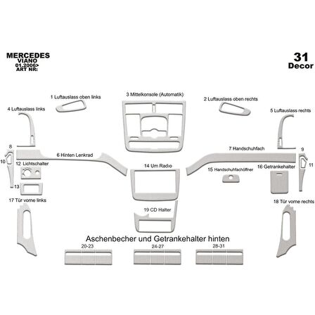 Meriç® Mercedes Viano Otm. Ön Torpido Kaplama 31 Parça 2006-›