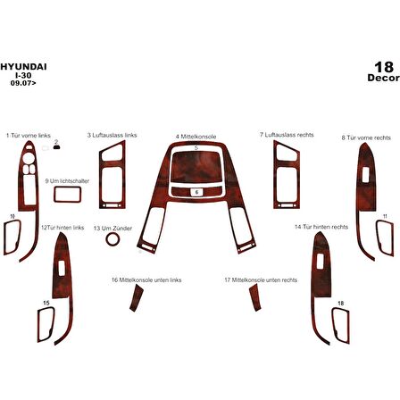 Meriç® Hyundai i30 Ön Torpido Kaplama 18 Parça 2007-2012