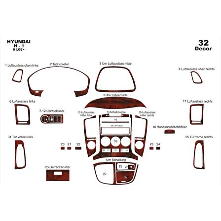 Meriç® Hyundai H1 Ön Torpido Kaplama 32 Parça 2008-›